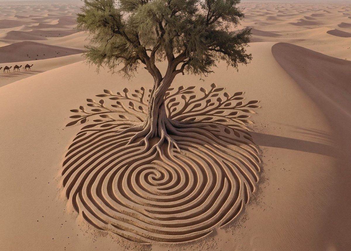 A tree on a desert dune, its roots raking a fingerprint into the sand
