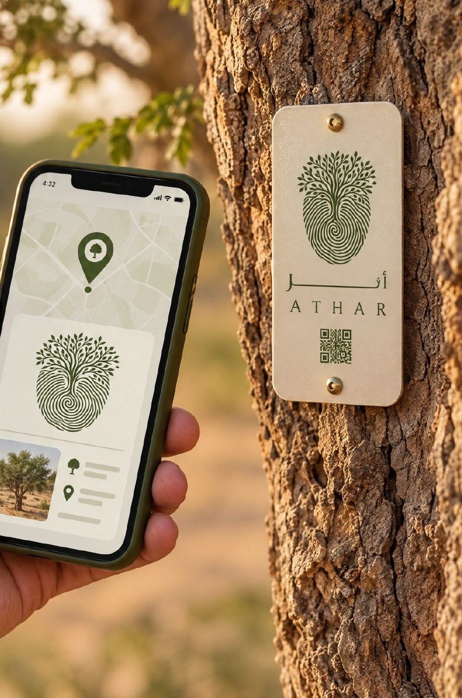 A phone showing a tree’s ATHAR page beside the tag on its trunk