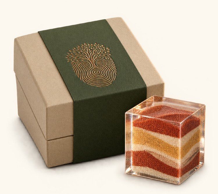 The ATHAR UAE gift box with its green band, and A Piece of the Emirates: red, gold and white UAE sand layered in a resin cube