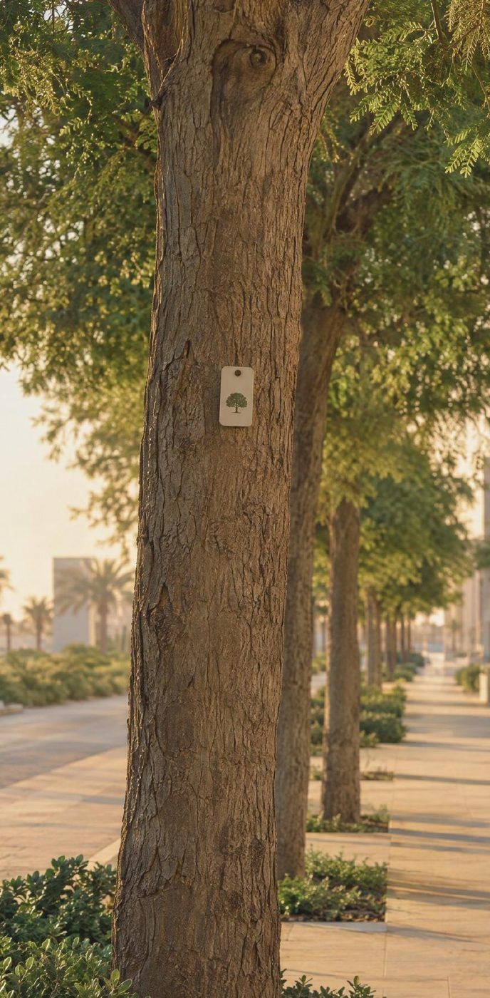 A tree-lined Abu Dhabi street at golden hour, an ATHAR tag on the nearest trunk