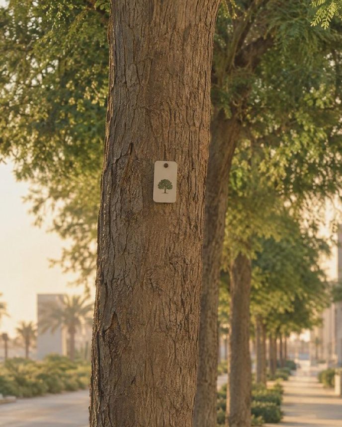 An ATHAR tag fixed to the trunk of a street tree